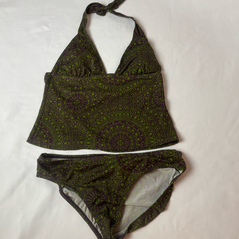 Perry Ellis 2 Pc Tankini Swimsuit Green Purple Sz M Halter Neck Full Bottoms